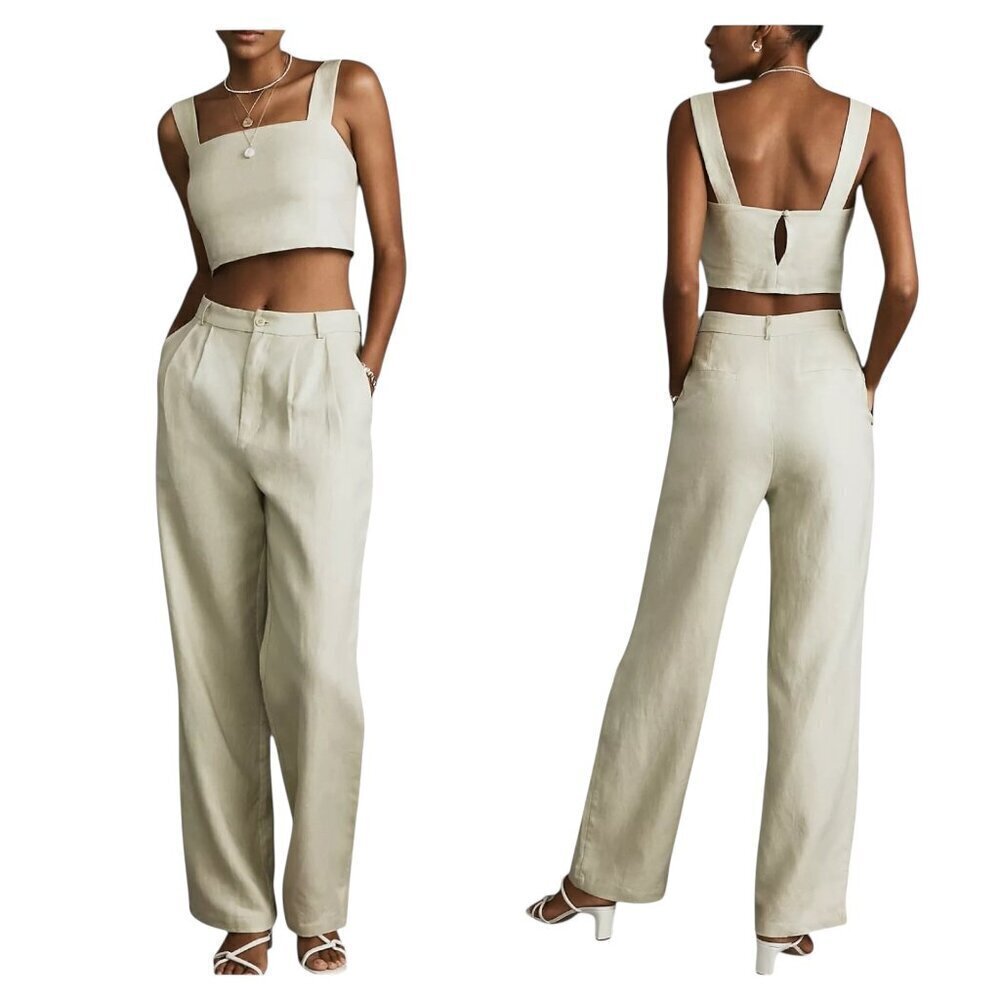 Reformation Olivia Linen Two Piece Set Size 12 NWT Oatmeal Crop Top & High Waist - Picture 1 of 11